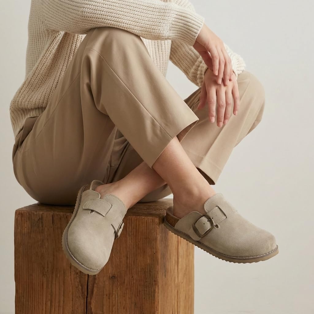 image:imageCUSHIONAIRE Womens Blain Genuine Suede SlipOn Clogs with Memory Foam amp Chic Buckle Mule Comfortable NonSlip Wide Widths AvailablePutty