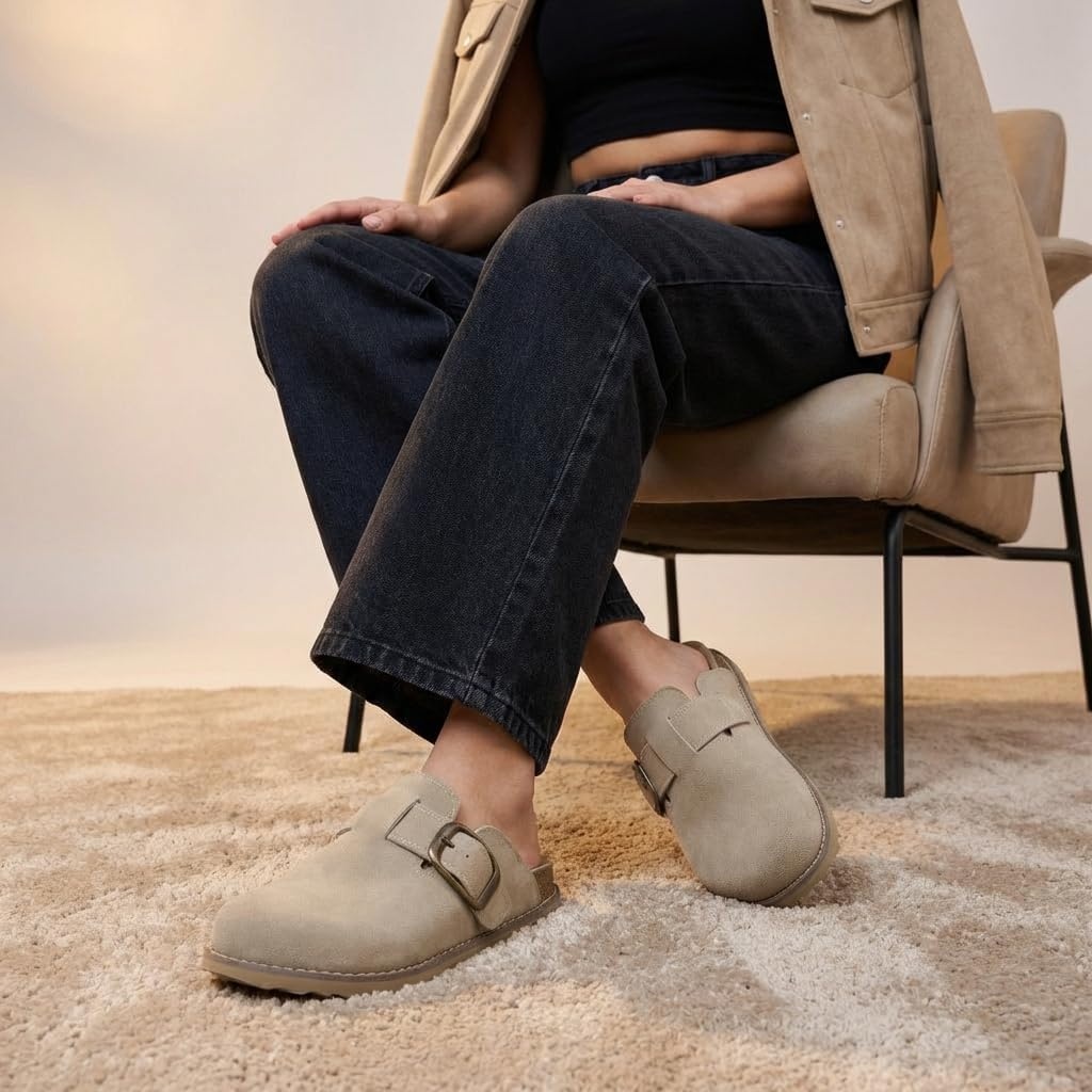 image:imageCUSHIONAIRE Womens Blain Genuine Suede SlipOn Clogs with Memory Foam amp Chic Buckle Mule Comfortable NonSlip Wide Widths AvailablePutty