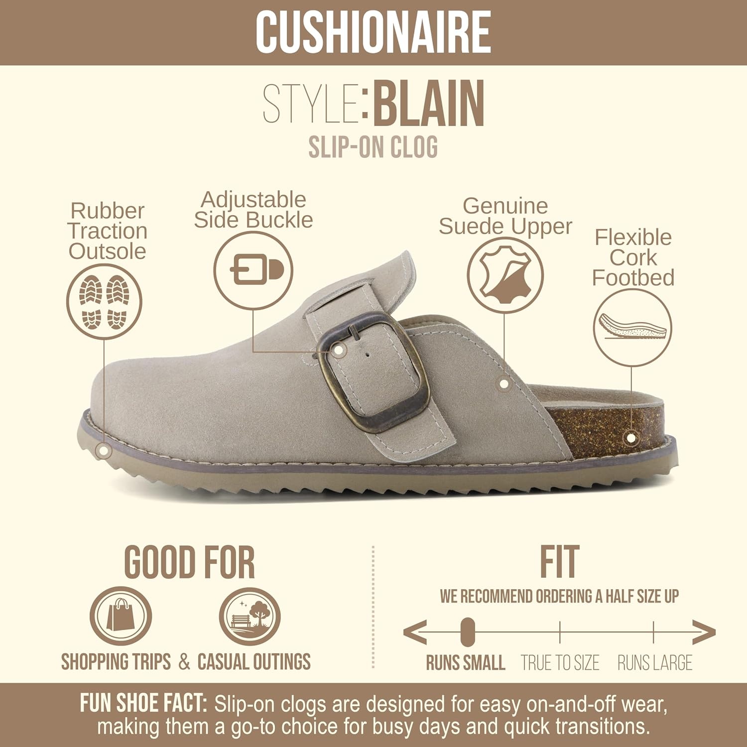 image:imageCUSHIONAIRE Womens Blain Genuine Suede SlipOn Clogs with Memory Foam amp Chic Buckle Mule Comfortable NonSlip Wide Widths AvailablePutty