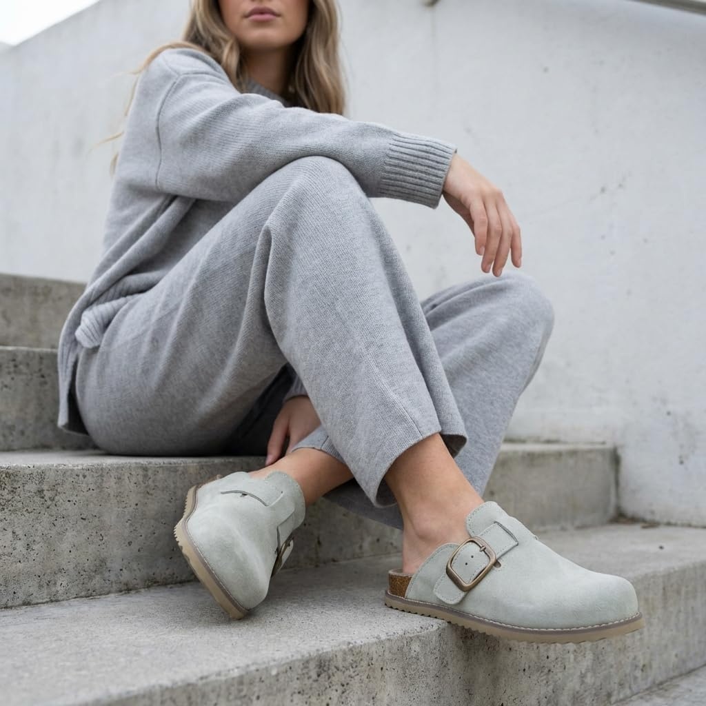 image:imageCUSHIONAIRE Womens Blain Genuine Suede SlipOn Clogs with Memory Foam amp Chic Buckle Mule Comfortable NonSlip Wide Widths AvailableSage