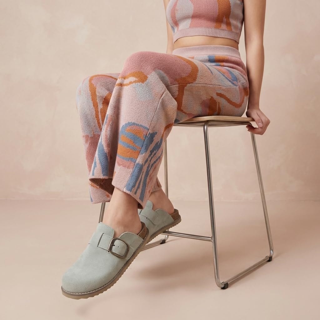 image:imageCUSHIONAIRE Womens Blain Genuine Suede SlipOn Clogs with Memory Foam amp Chic Buckle Mule Comfortable NonSlip Wide Widths AvailableSage