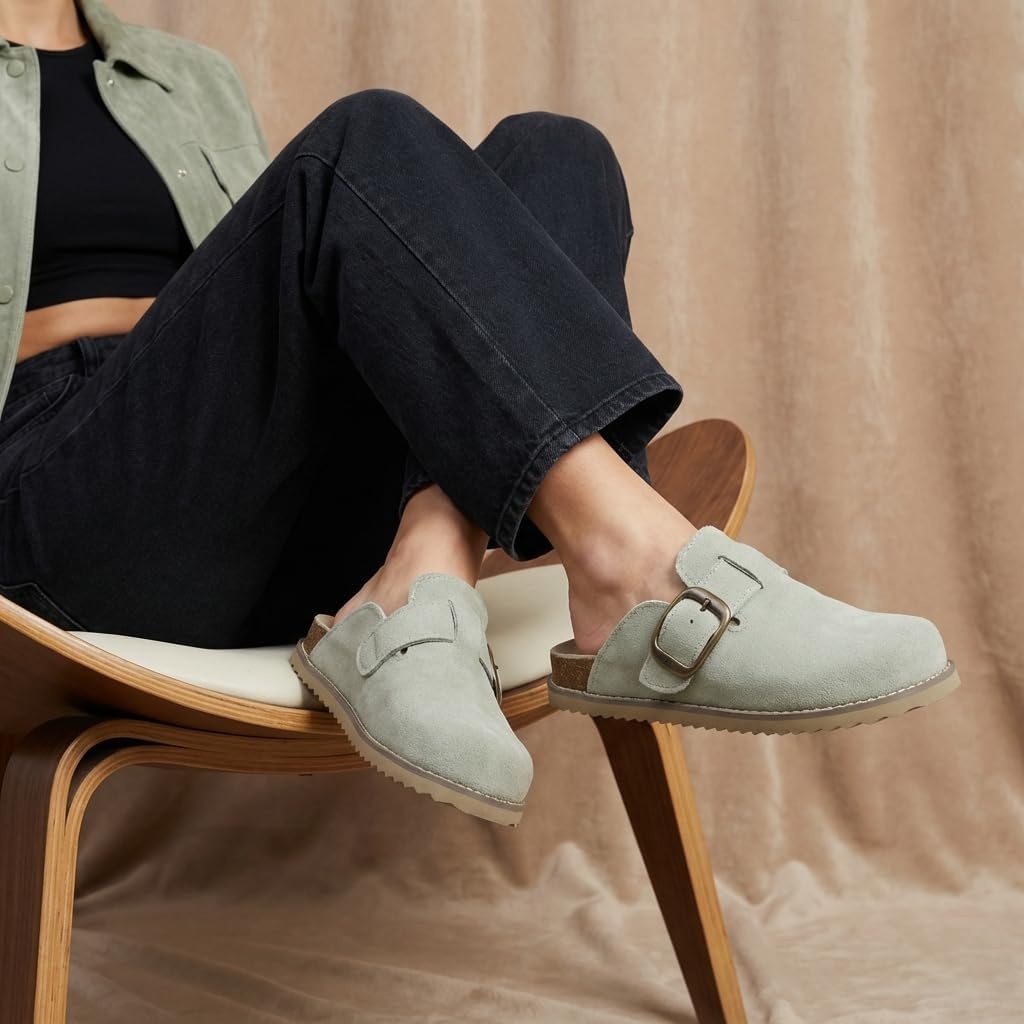 image:imageCUSHIONAIRE Womens Blain Genuine Suede SlipOn Clogs with Memory Foam amp Chic Buckle Mule Comfortable NonSlip Wide Widths AvailableSage