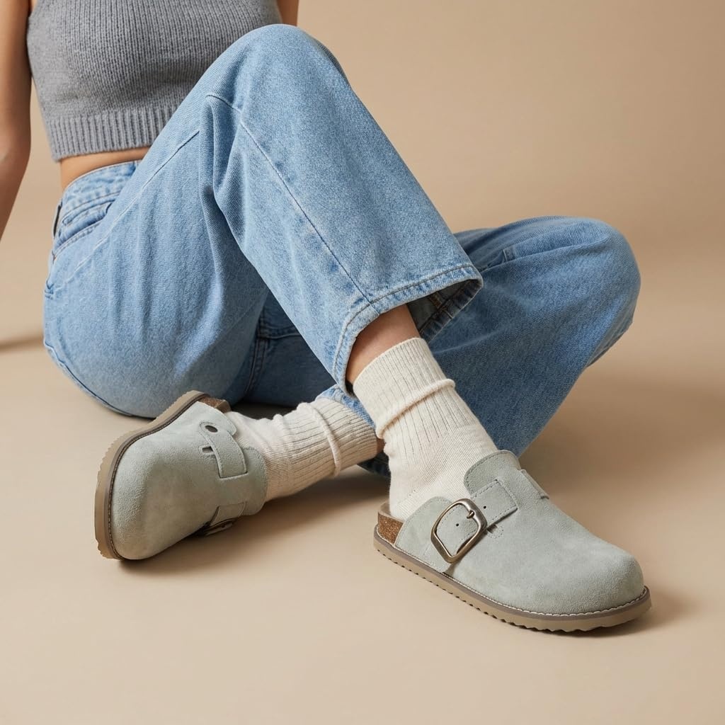 image:imageCUSHIONAIRE Womens Blain Genuine Suede SlipOn Clogs with Memory Foam amp Chic Buckle Mule Comfortable NonSlip Wide Widths AvailableSage