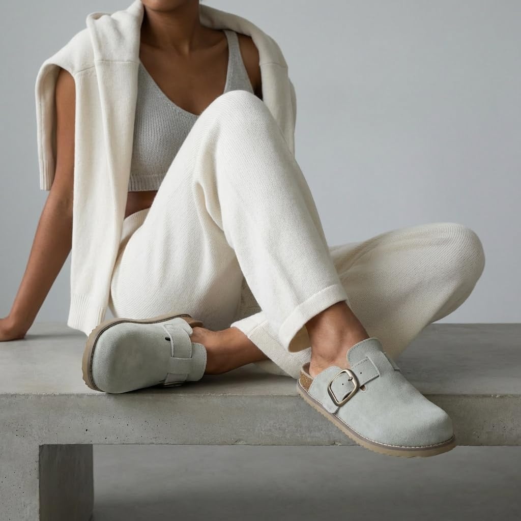 image:imageCUSHIONAIRE Womens Blain Genuine Suede SlipOn Clogs with Memory Foam amp Chic Buckle Mule Comfortable NonSlip Wide Widths AvailableSage