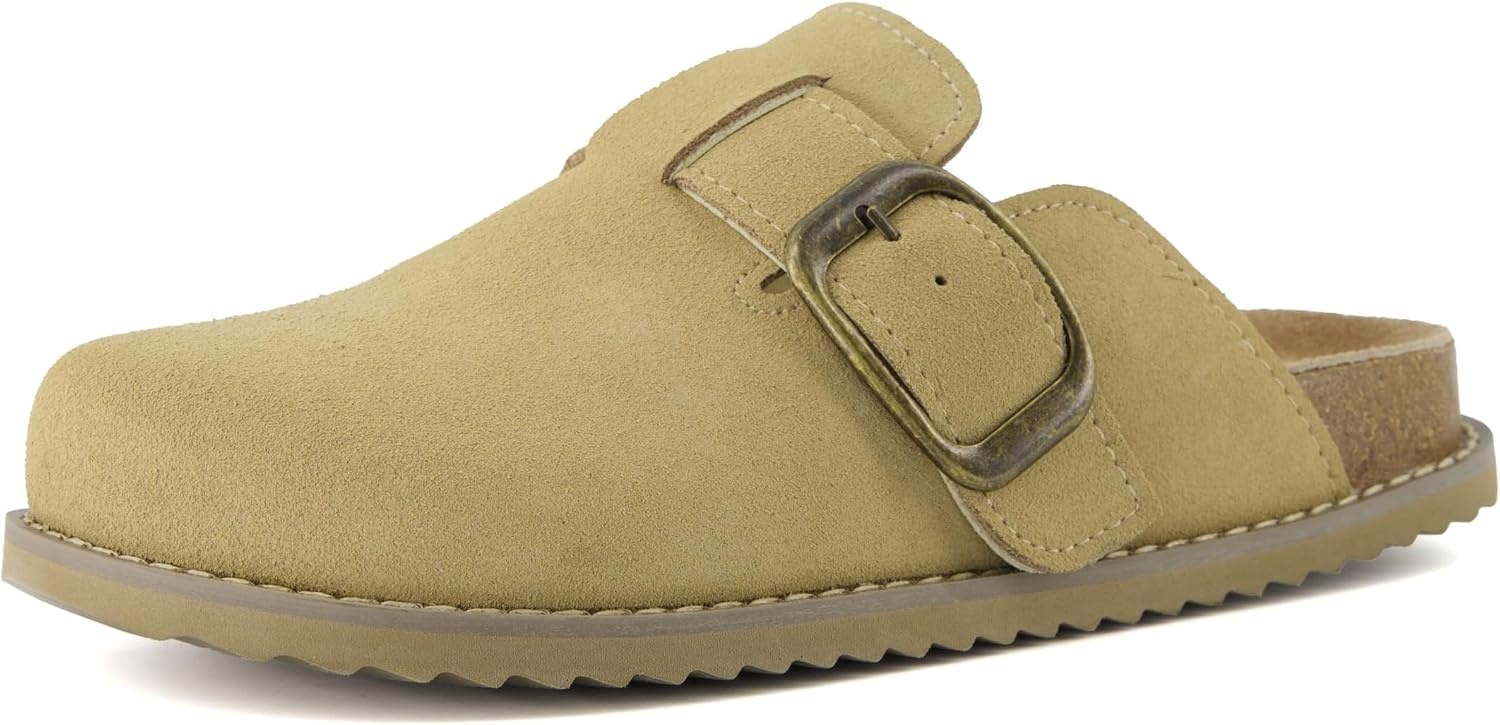 image:imageCUSHIONAIRE Womens Blain Genuine Suede SlipOn Clogs with Memory Foam amp Chic Buckle Mule Comfortable NonSlip Wide Widths AvailableSand Suede