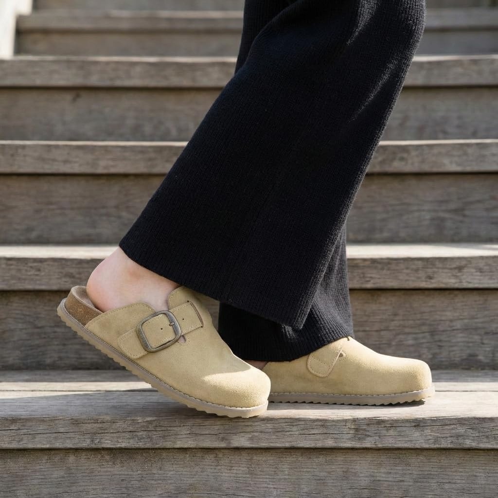 image:imageCUSHIONAIRE Womens Blain Genuine Suede SlipOn Clogs with Memory Foam amp Chic Buckle Mule Comfortable NonSlip Wide Widths AvailableSand Suede