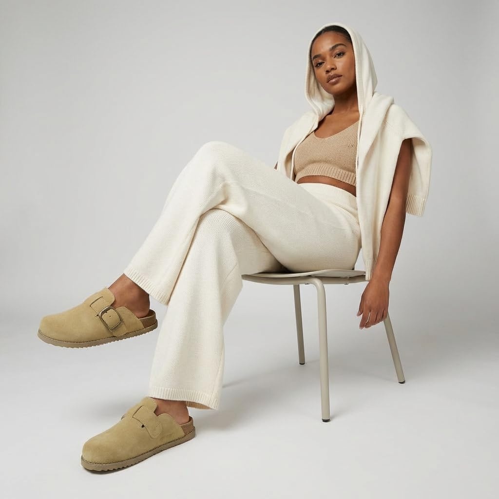 image:imageCUSHIONAIRE Womens Blain Genuine Suede SlipOn Clogs with Memory Foam amp Chic Buckle Mule Comfortable NonSlip Wide Widths AvailableSand Suede