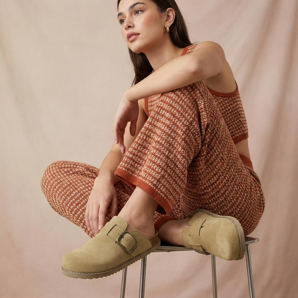 image:imageCUSHIONAIRE Womens Blain Genuine Suede SlipOn Clogs with Memory Foam amp Chic Buckle Mule Comfortable NonSlip Wide Widths AvailableSand Suede
