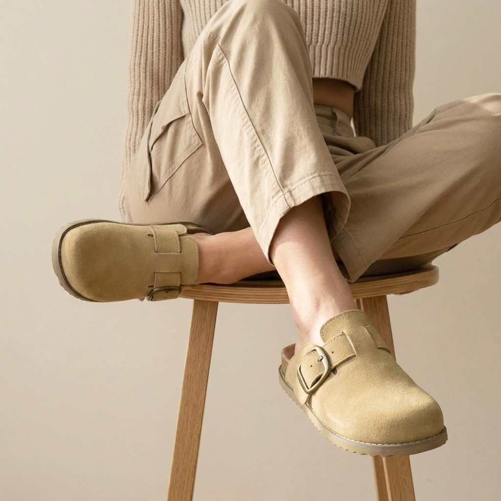 image:imageCUSHIONAIRE Womens Blain Genuine Suede SlipOn Clogs with Memory Foam amp Chic Buckle Mule Comfortable NonSlip Wide Widths AvailableSand Suede