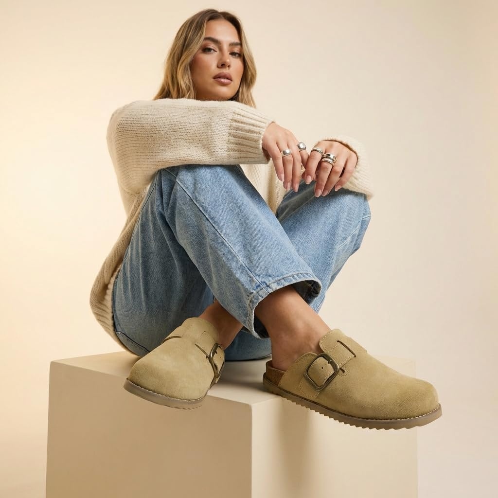 image:imageCUSHIONAIRE Womens Blain Genuine Suede SlipOn Clogs with Memory Foam amp Chic Buckle Mule Comfortable NonSlip Wide Widths AvailableSand Suede