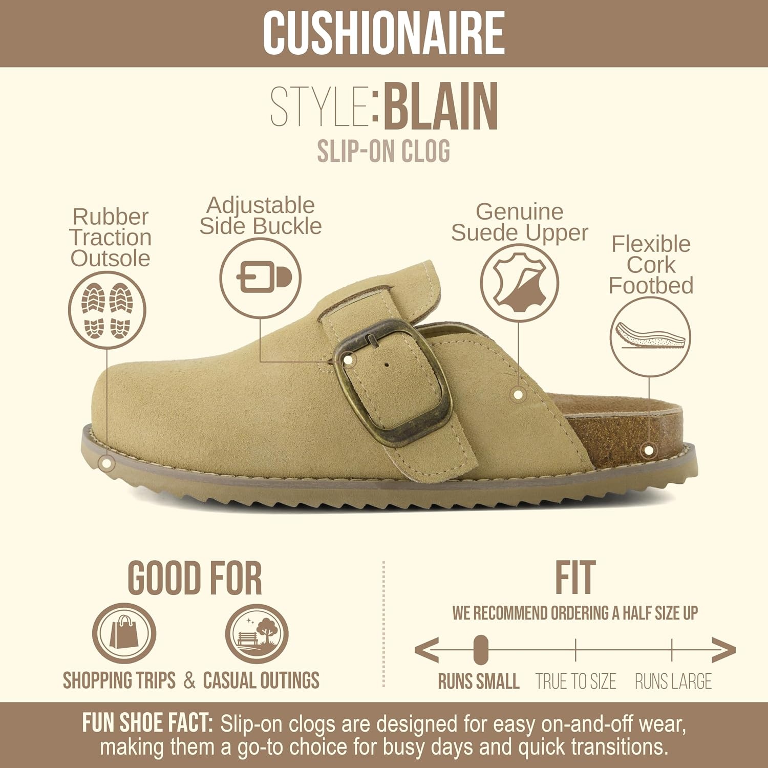 image:imageCUSHIONAIRE Womens Blain Genuine Suede SlipOn Clogs with Memory Foam amp Chic Buckle Mule Comfortable NonSlip Wide Widths AvailableSand Suede