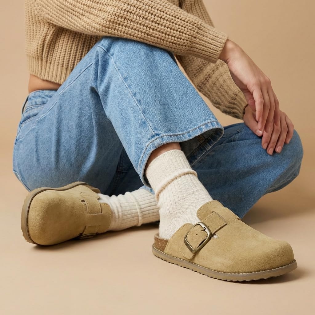 image:imageCUSHIONAIRE Womens Blain Genuine Suede SlipOn Clogs with Memory Foam amp Chic Buckle Mule Comfortable NonSlip Wide Widths AvailableSand Suede