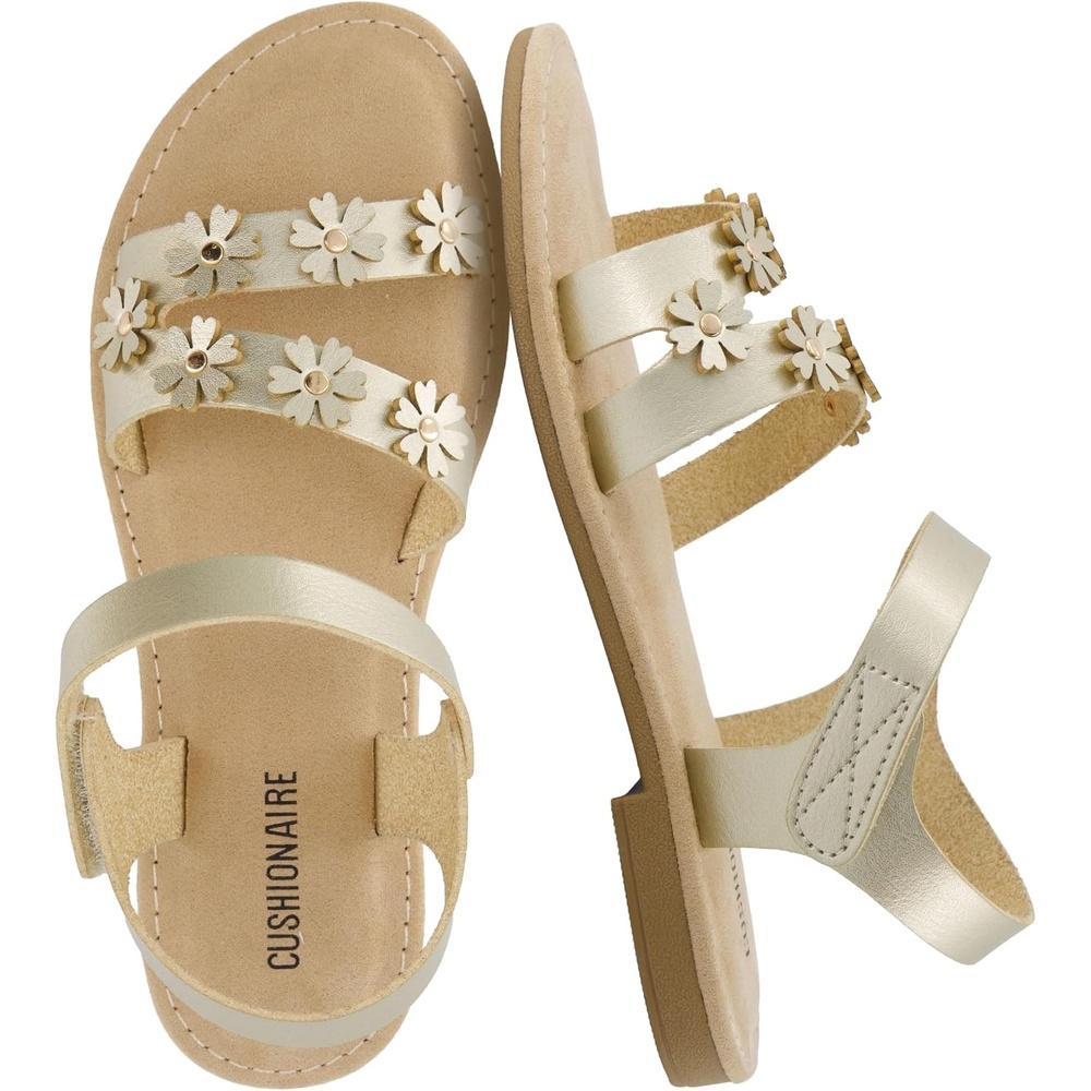 image:imageCUSHIONAIRE Cleo Girls Sandals Flower Strap Dress Style Girls Dress Shoes with Cushioned Footbed and Adjustable Ankle StrapGold