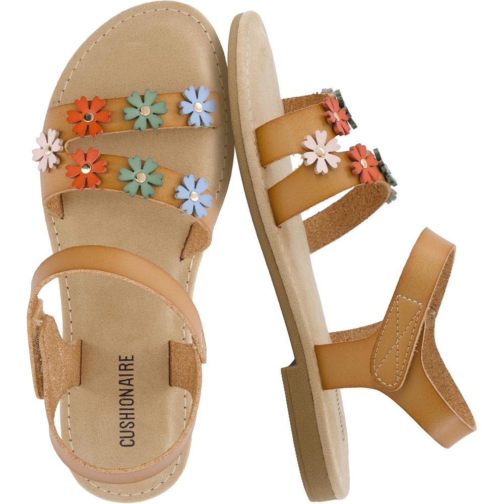 image:imageCUSHIONAIRE Cleo Girls Sandals Flower Strap Dress Style Girls Dress Shoes with Cushioned Footbed and Adjustable Ankle StrapTan
