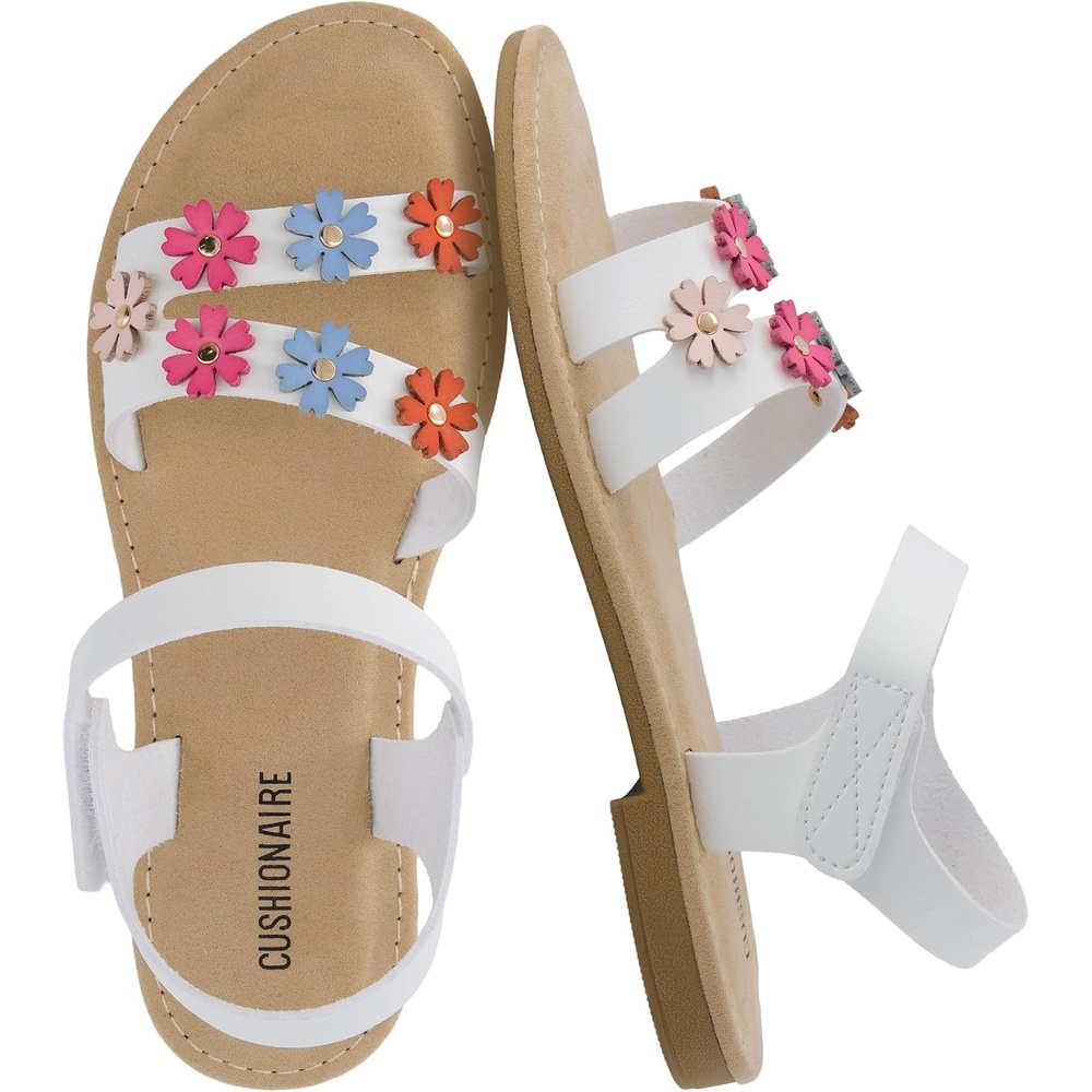 image:imageCUSHIONAIRE Cleo Girls Sandals Flower Strap Dress Style Girls Dress Shoes with Cushioned Footbed and Adjustable Ankle StrapWhite