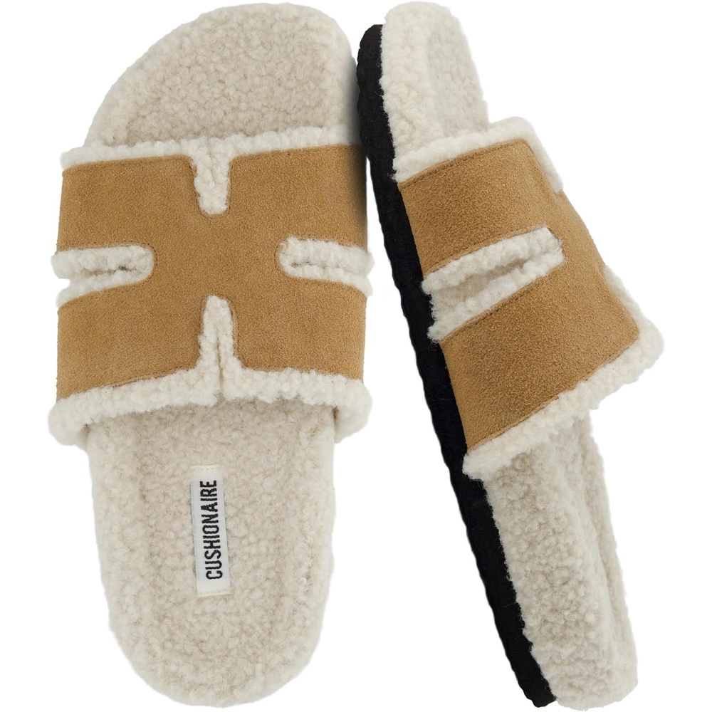 image:imageCUSHIONAIRE Cuddle Fur Slippers for Women Faux Shearling Slide Sandal Memory Foam Wide Widths AvailableChestnut