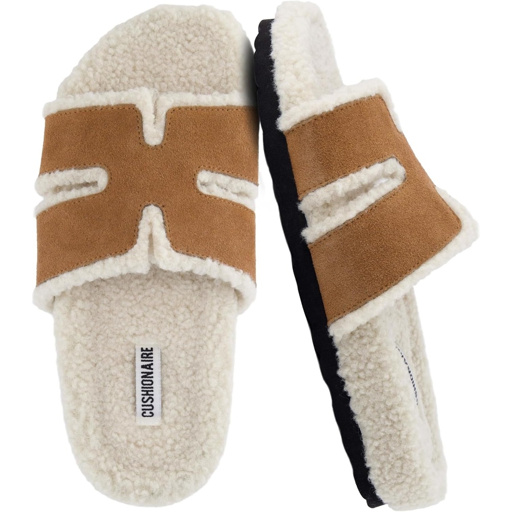 image:imageCUSHIONAIRE Cuddle Fur Slippers for Women Faux Shearling Slide Sandal Memory Foam Wide Widths AvailableRust