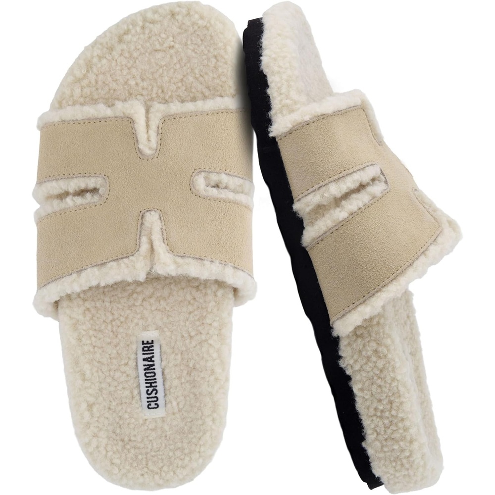 image:imageCUSHIONAIRE Cuddle Fur Slippers for Women Faux Shearling Slide Sandal Memory Foam Wide Widths AvailableSand
