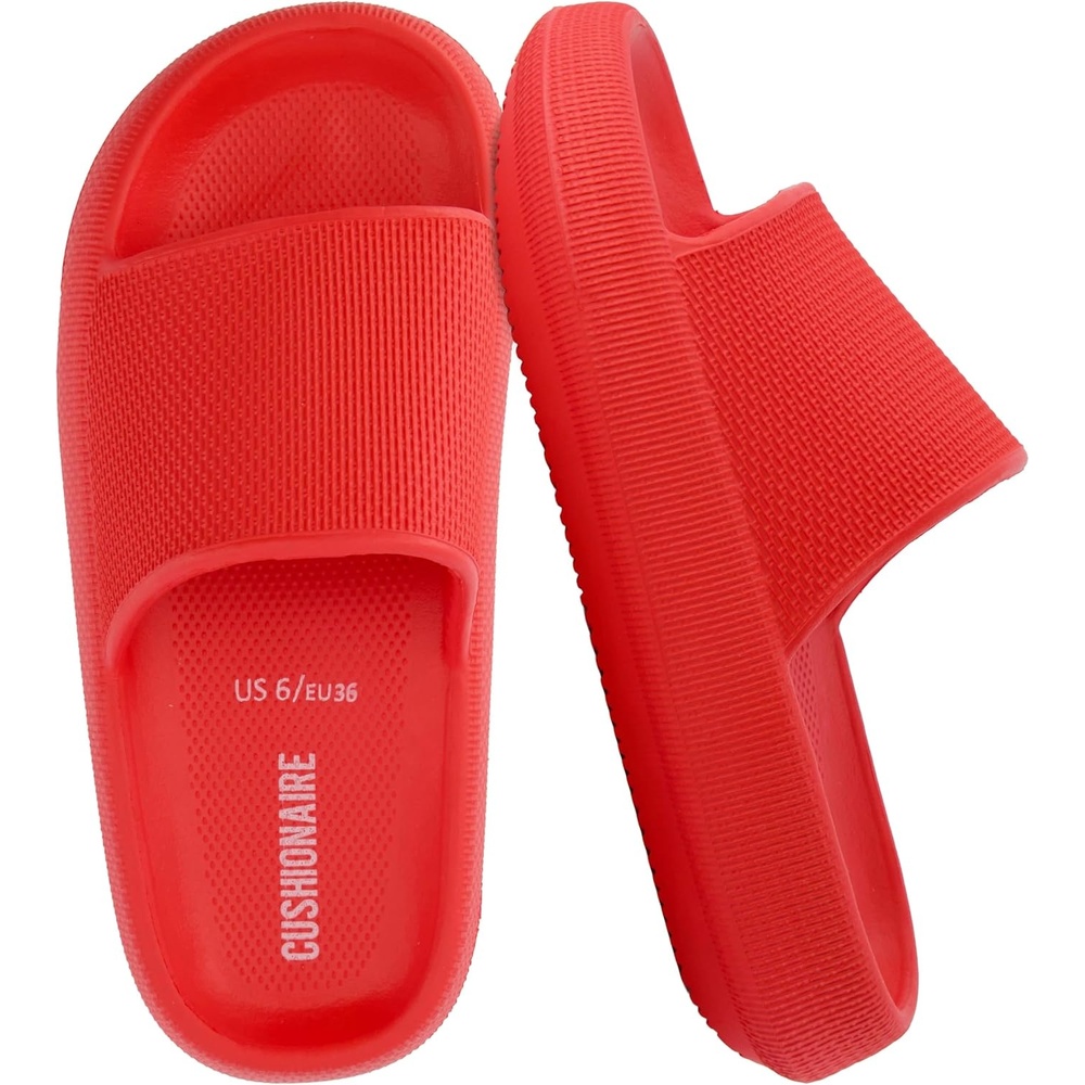image:imageCUSHIONAIRE Feather EVA Slides for Women  Comfortable Slip On Womens Slippers Indoor Outdoor Shower Shoes Beach Essential Cloud SlidesRed