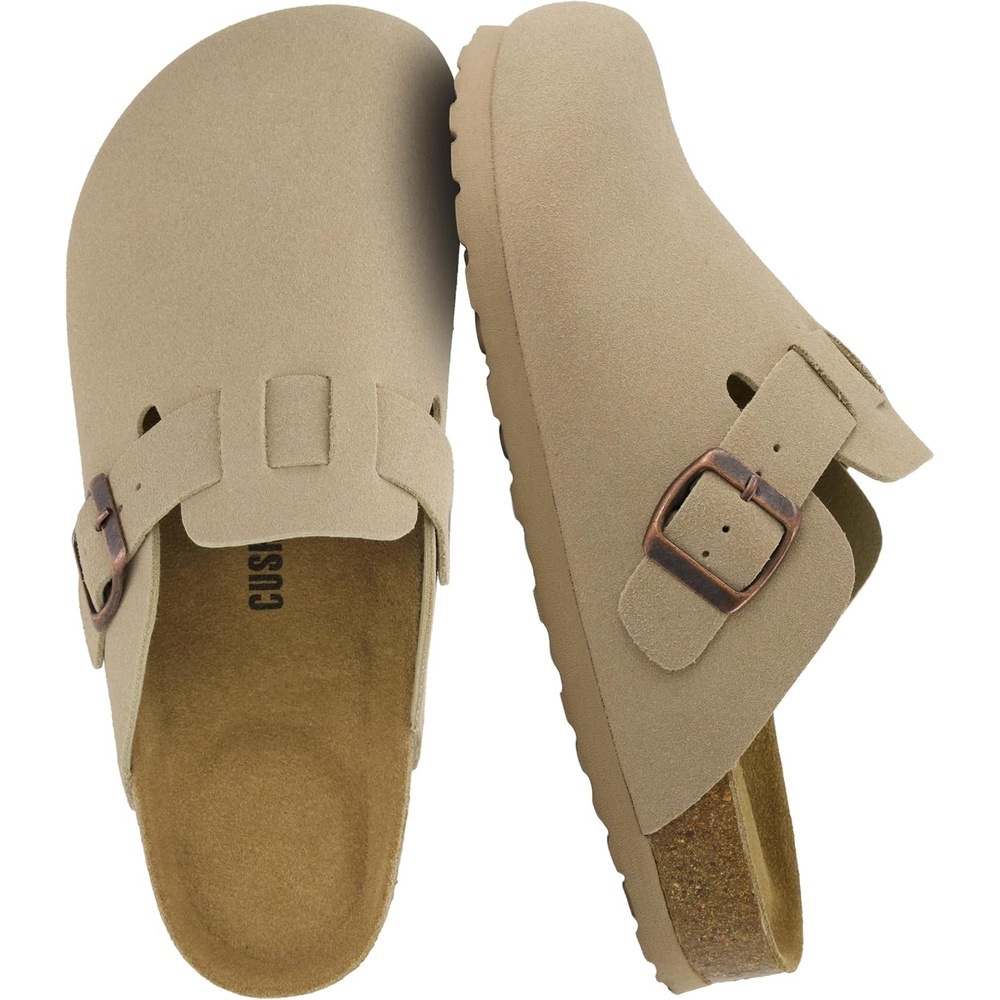 image:imageCUSHIONAIRE Hana Vegan Suede Clogs for Women Cork Footbed Potato ShoesSand Vegan Suede