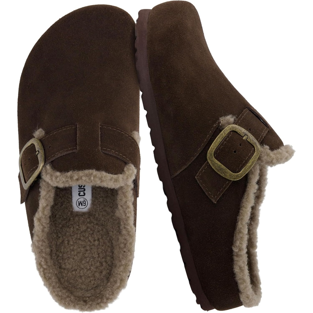 image:imageCUSHIONAIRE Haven Genuine Leather Clogs for Women  Faux Fur Lined SlipOn Womens Shoes with Cork Footbed and Adjustable BuckleBrown