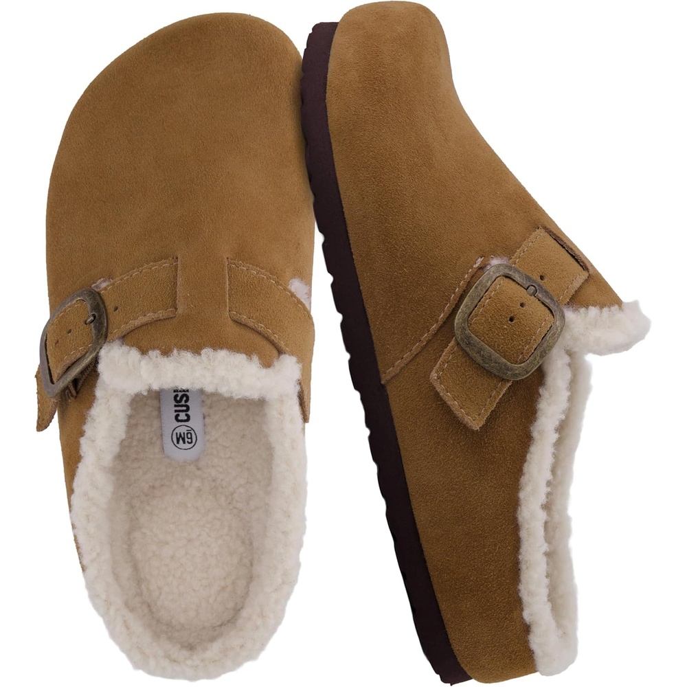 image:imageCUSHIONAIRE Haven Genuine Leather Clogs for Women  Faux Fur Lined SlipOn Womens Shoes with Cork Footbed and Adjustable BuckleCamel