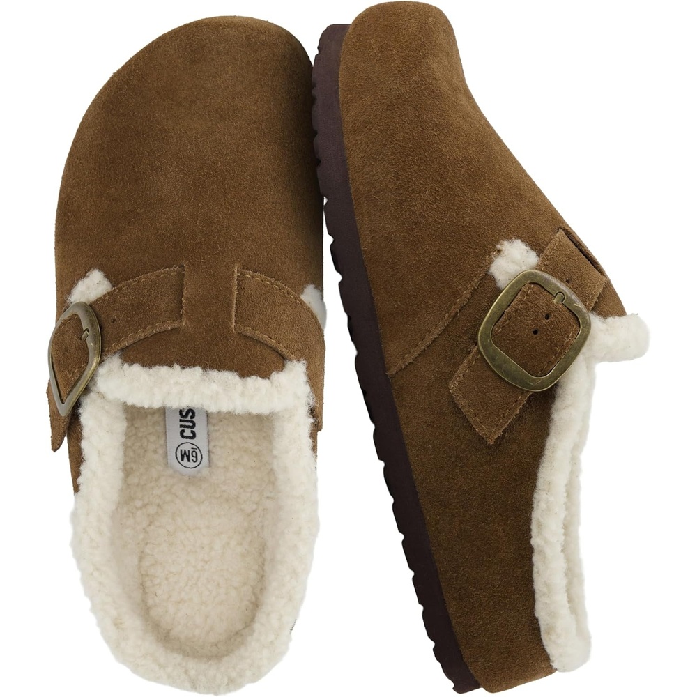 image:imageCUSHIONAIRE Haven Genuine Leather Clogs for Women  Faux Fur Lined SlipOn Womens Shoes with Cork Footbed and Adjustable BuckleMid Brown
