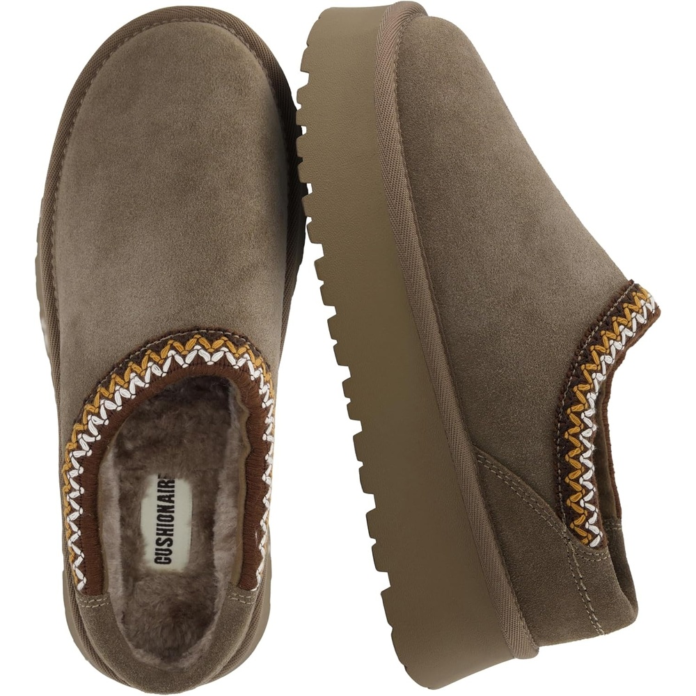 image:imageCUSHIONAIRE Kabuki Platform Boots Genuine Suede Fuzzy Mule Slippers for Women with Memory Foam  IndoorOutdoor Womens Slippers  Wide Widths AvailableTaupe Suede