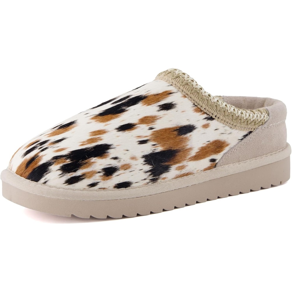 image:imageCUSHIONAIRE Keto Genuine Suede Leather Kids Slippers for Boys and Girls  Cozy SlipOn Mule House Shoes with Faux Fur Lining Cushioned Memory Foam ComfortBrown Spotted