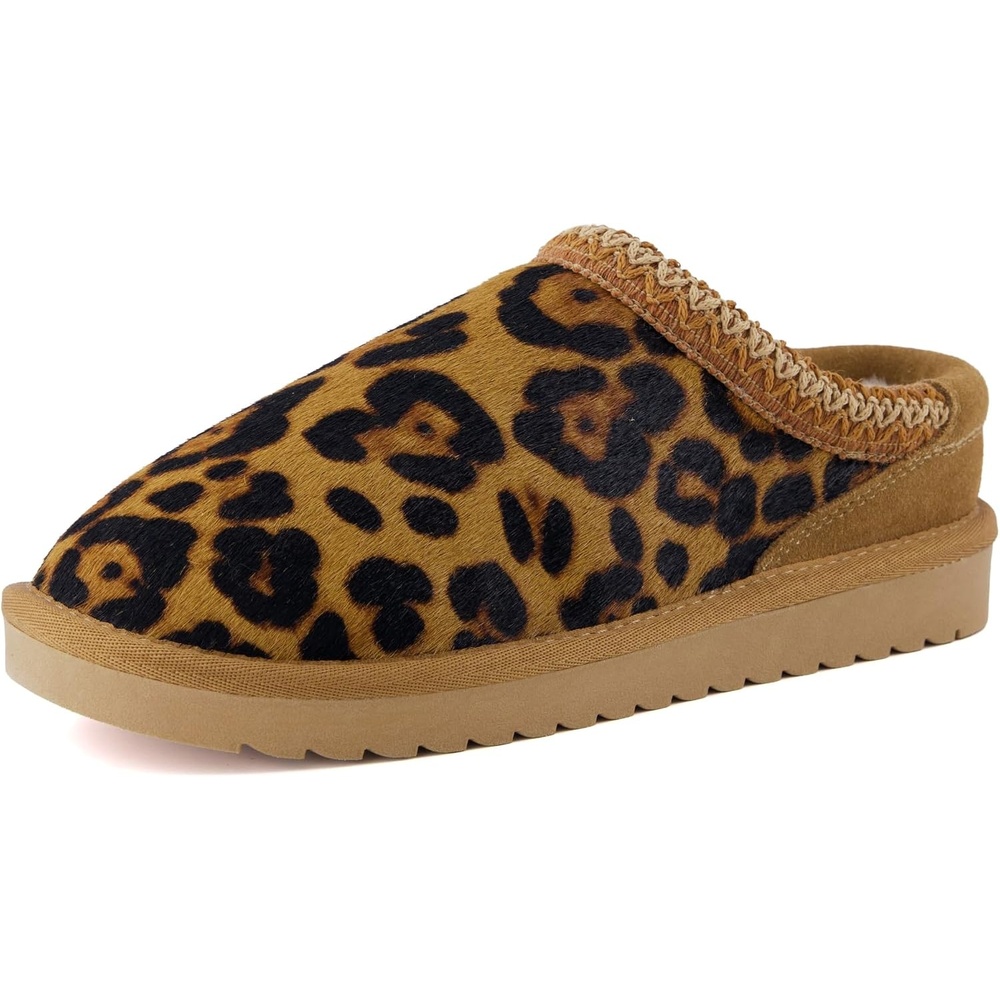 image:imageCUSHIONAIRE Keto Genuine Suede Leather Kids Slippers for Boys and Girls  Cozy SlipOn Mule House Shoes with Faux Fur Lining Cushioned Memory Foam ComfortBrown Cheetah