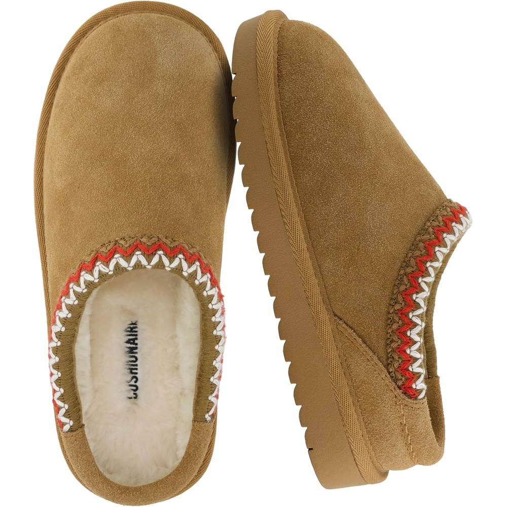 image:imageCUSHIONAIRE Keto Genuine Suede Leather Kids Slippers for Boys and Girls  Cozy SlipOn Mule House Shoes with Faux Fur Lining Cushioned Memory Foam ComfortChestnut