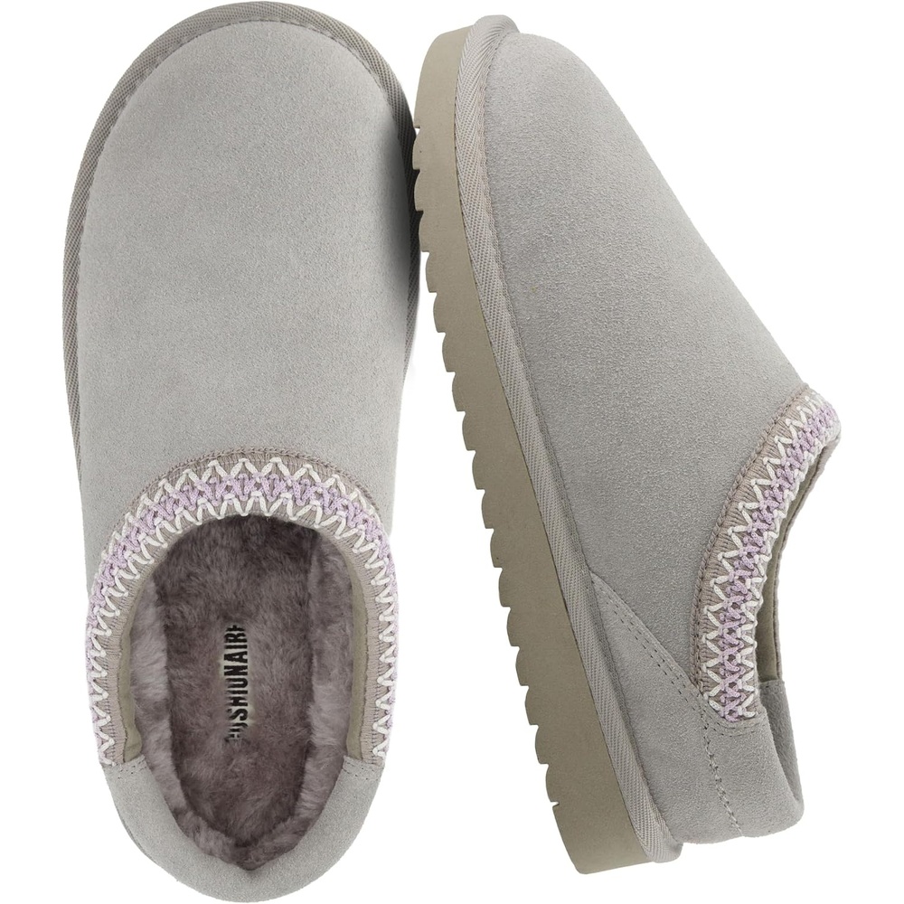 image:imageCUSHIONAIRE Keto Genuine Suede Leather Kids Slippers for Boys and Girls Cozy SlipOn Mule House Shoes with Faux Fur Lining Cushioned Memory Foam ComfortGraylavender