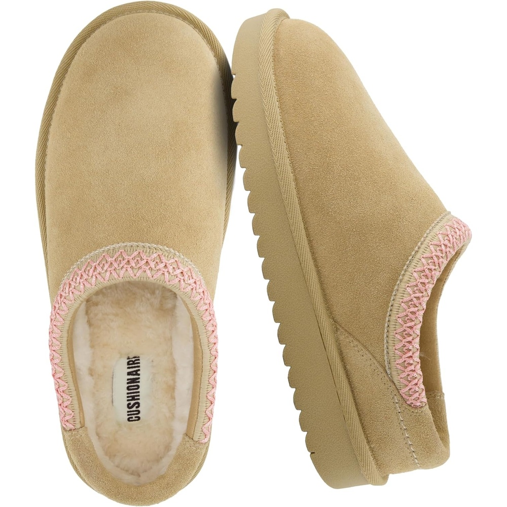 image:imageCUSHIONAIRE Keto Genuine Suede Leather Kids Slippers for Boys and Girls  Cozy SlipOn Mule House Shoes with Faux Fur Lining Cushioned Memory Foam ComfortSandpink