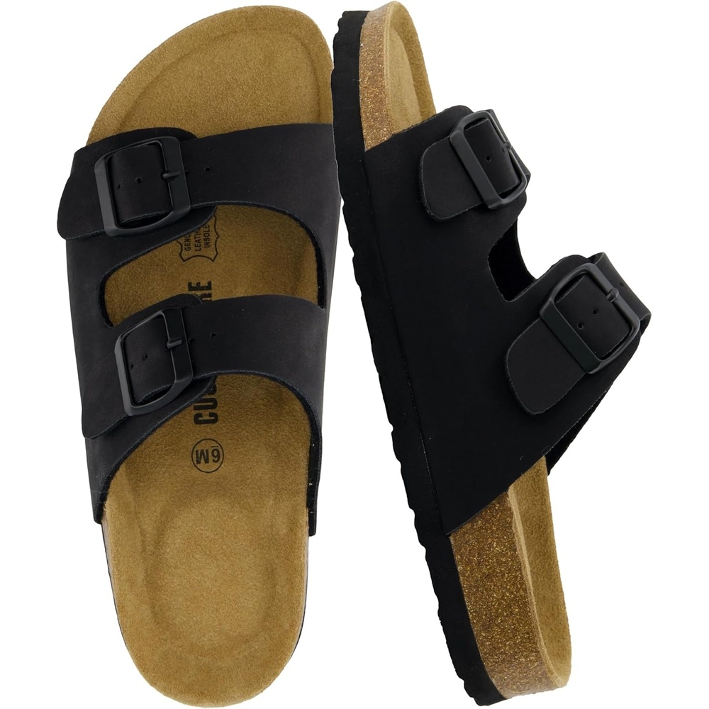 image:imageCUSHIONAIRE Lane Cork Footbed Womens Sandals Comfortable Double Buckle Slip On Sandals for Women with Arch Support and Classic Two Strap DesignBlack