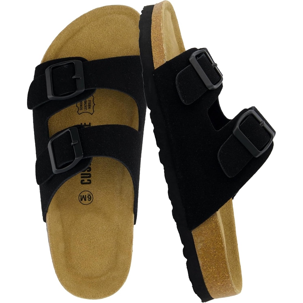 image:imageCUSHIONAIRE Lane Cork Footbed Womens Sandals Comfortable Double Buckle Slip On Sandals for Women with Arch Support and Classic Two Strap DesignBlack Vegan Suede