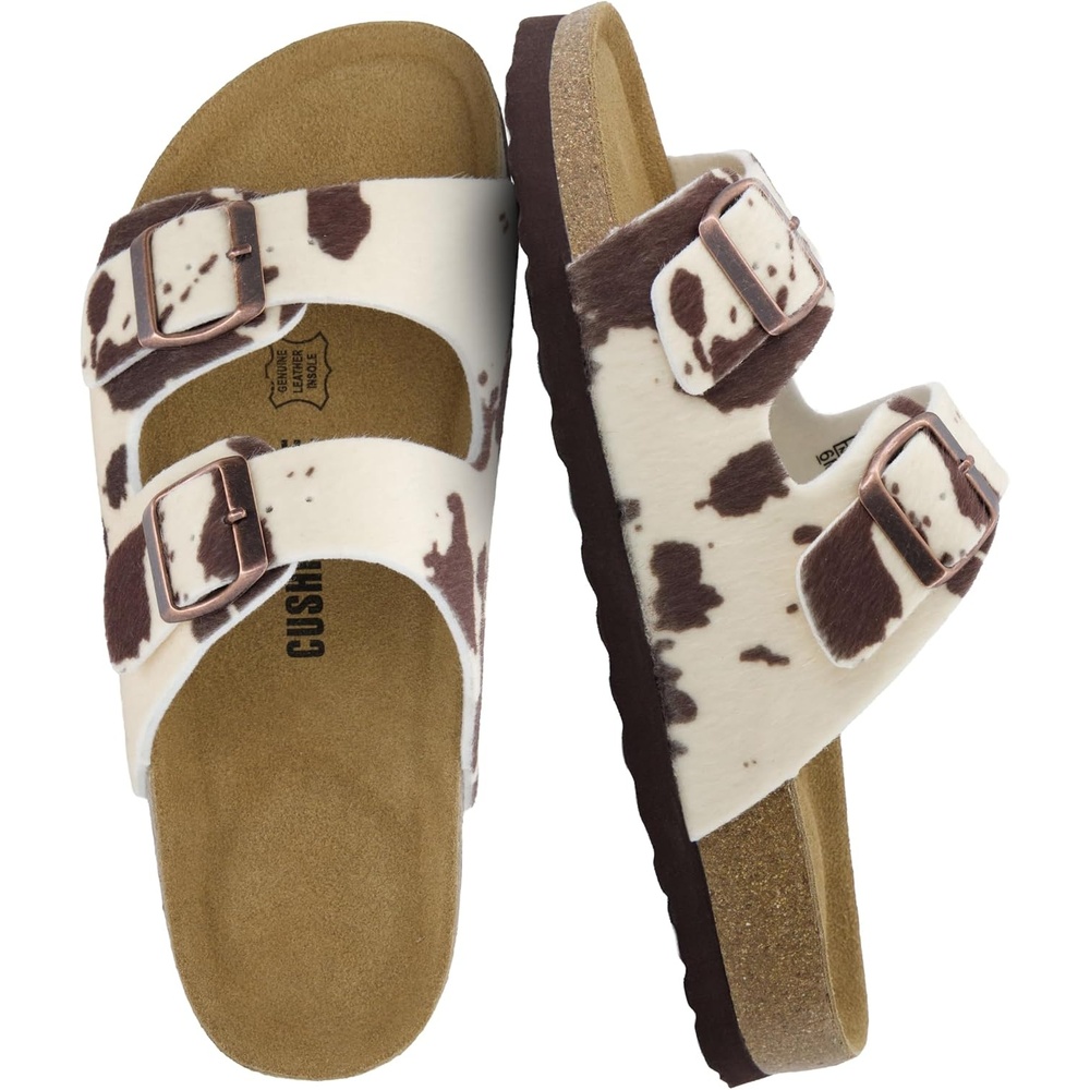 image:imageCUSHIONAIRE Lane Cork Footbed Womens Sandals Comfortable Double Buckle Slip On Sandals for Women with Arch Support and Classic Two Strap DesignBrown Cow