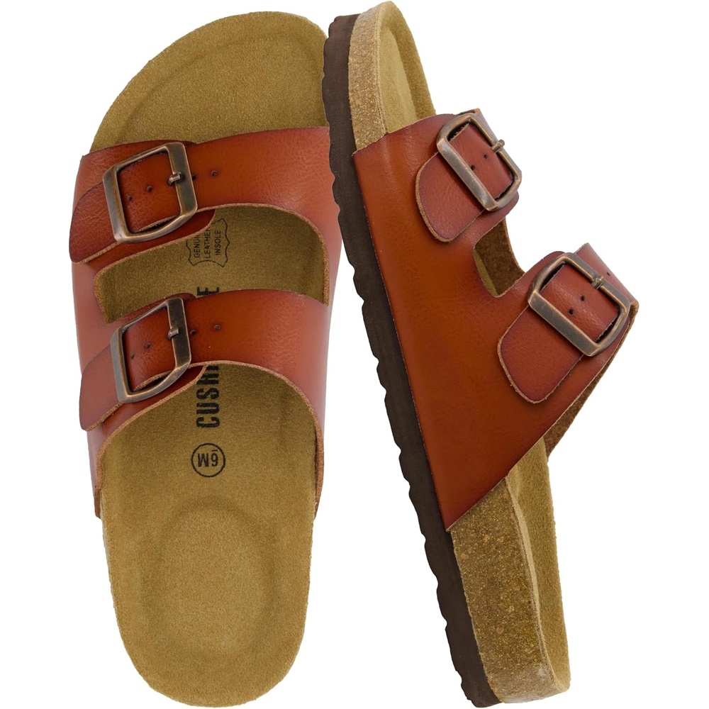 image:imageCUSHIONAIRE Lane Cork Footbed Womens Sandals Comfortable Double Buckle Slip On Sandals for Women with Arch Support and Classic Two Strap DesignCognac