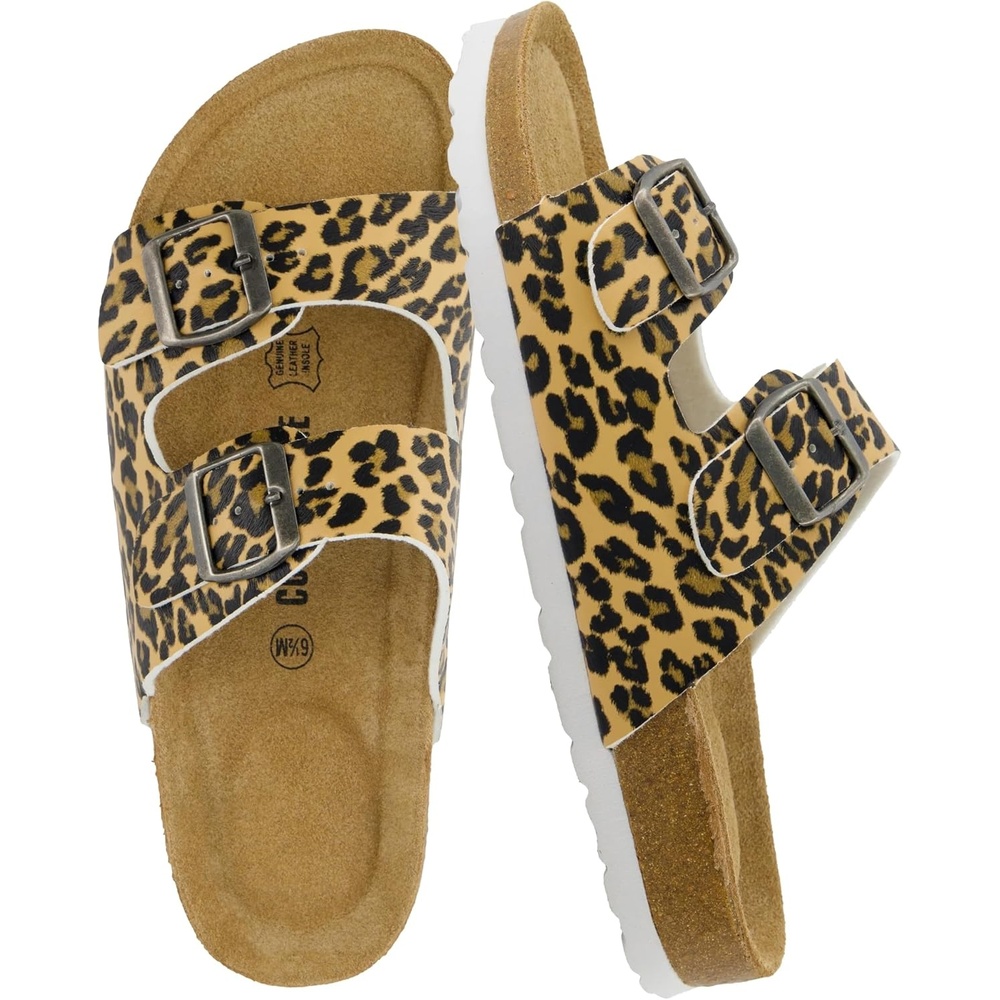 image:imageCUSHIONAIRE Lane Cork Footbed Womens Sandals Comfortable Double Buckle Slip On Sandals for Women with Arch Support and Classic Two Strap DesignLeopard