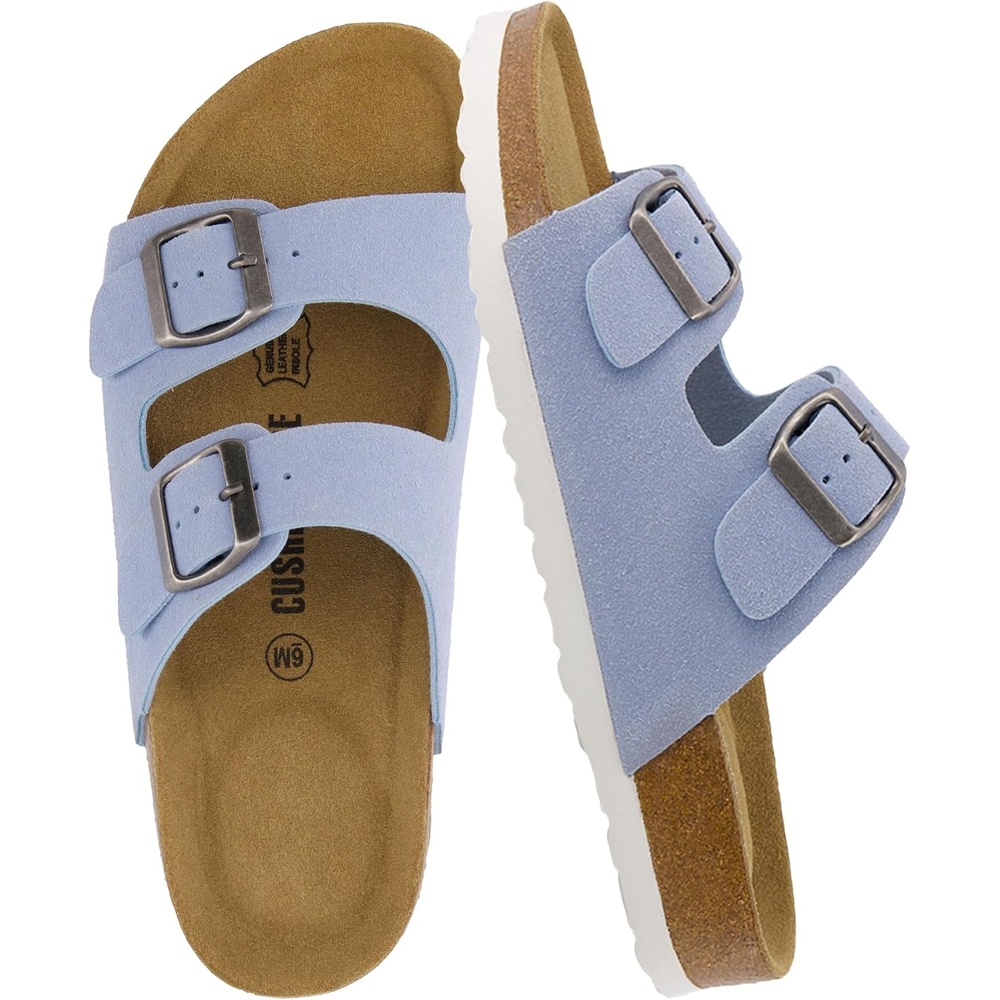 image:imageCUSHIONAIRE Lane Cork Footbed Womens Sandals Comfortable Double Buckle Slip On Sandals for Women with Arch Support and Classic Two Strap DesignLt Blue Vegan Suede