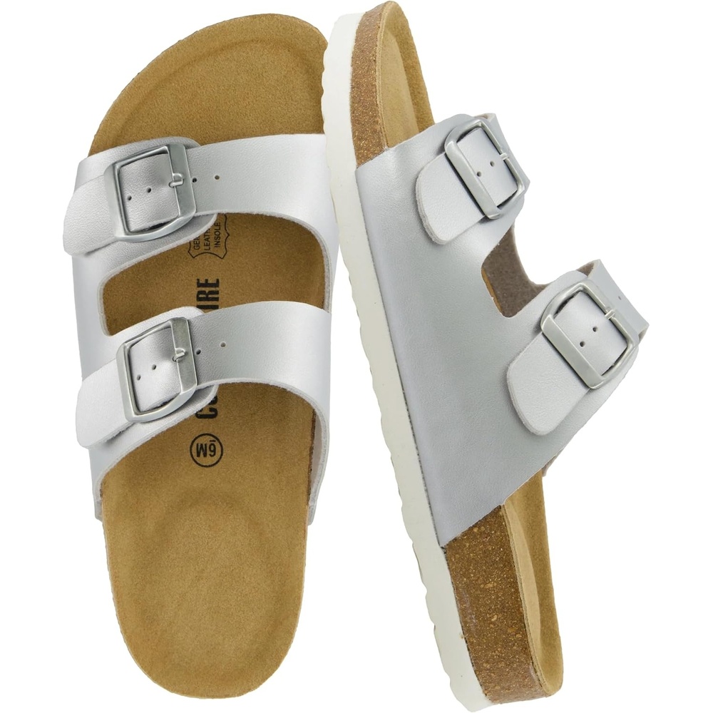 image:imageCUSHIONAIRE Lane Cork Footbed Womens Sandals Comfortable Double Buckle Slip On Sandals for Women with Arch Support and Classic Two Strap DesignSilver