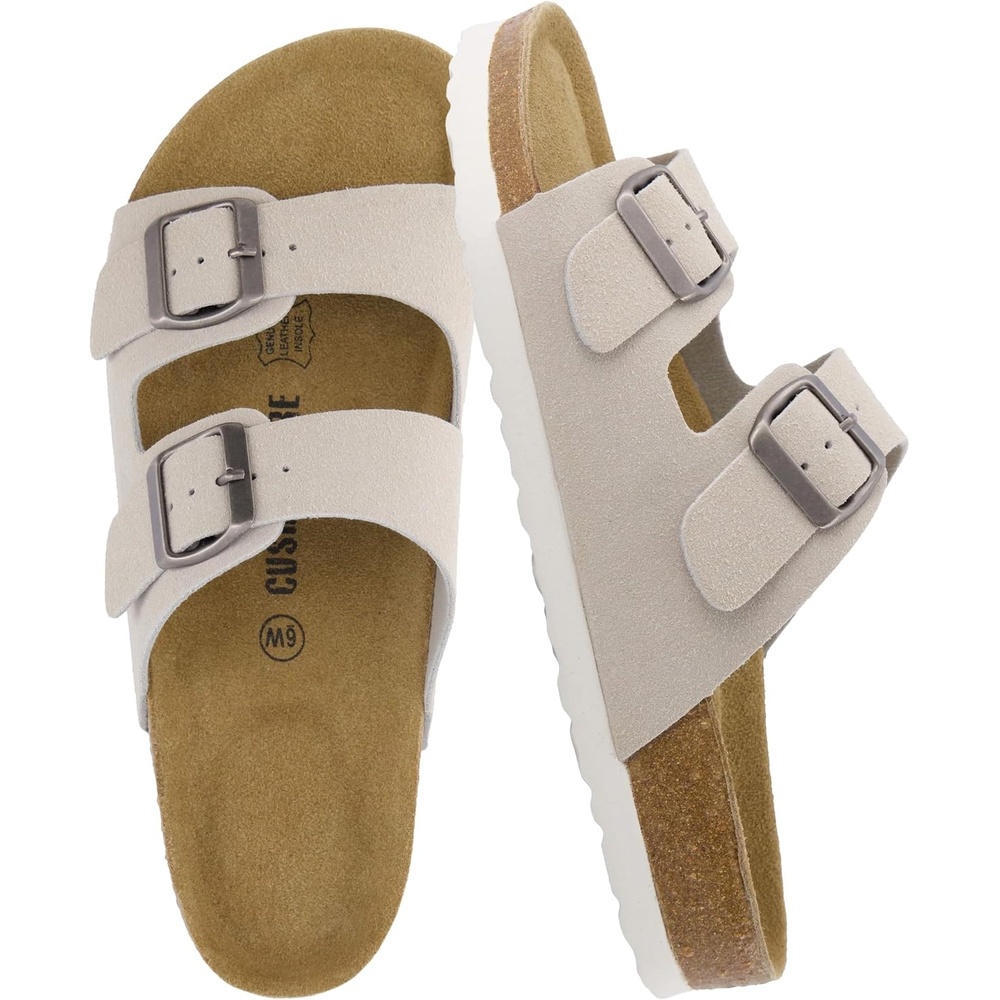 image:imageCUSHIONAIRE Lane Cork Footbed Womens Sandals Comfortable Double Buckle Slip On Sandals for Women with Arch Support and Classic Two Strap DesignStone Vegan Suede