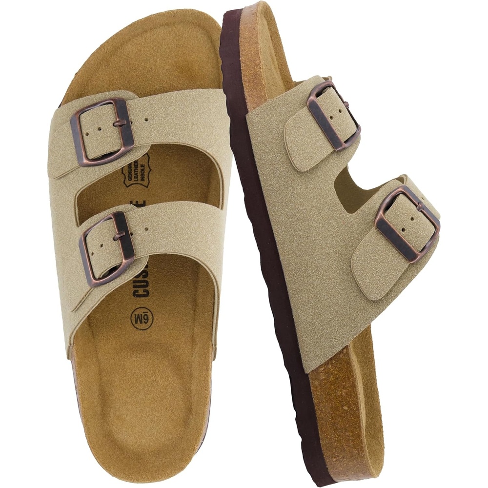 image:imageCUSHIONAIRE Lane Cork Footbed Womens Sandals Comfortable Double Buckle Slip On Sandals for Women with Arch Support and Classic Two Strap DesignTaupe Vegan Suede