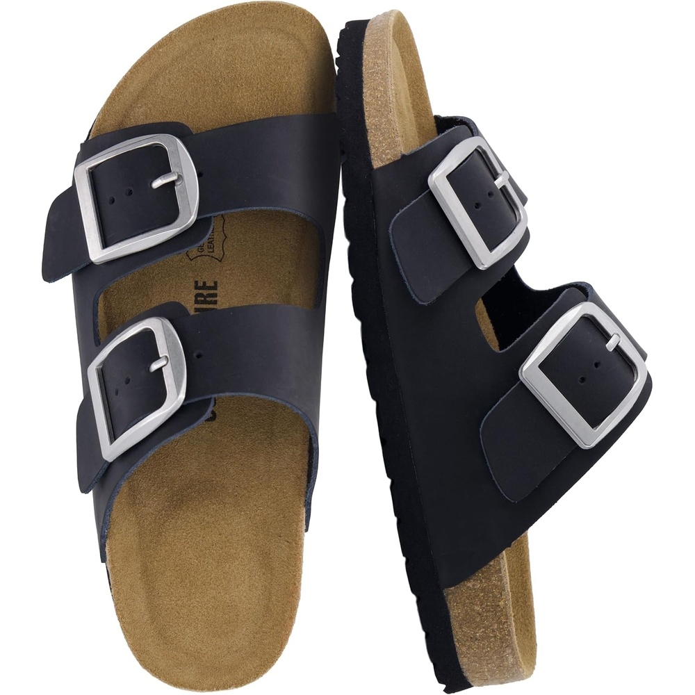 image:imageCUSHIONAIRE Laz 100 Genuine Leather Cork Footbed Slide Sandals for Women with Adjustable Buckles and Memory FoamBlack