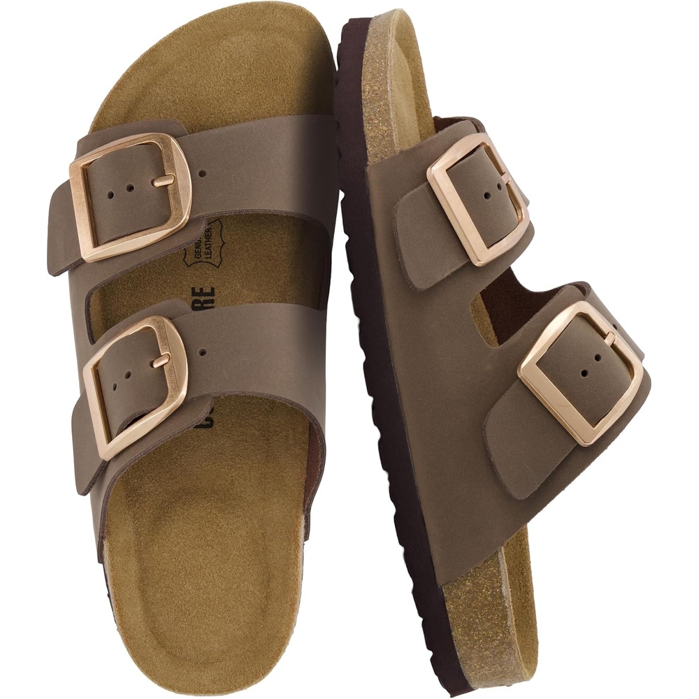 image:imageCUSHIONAIRE Laz 100 Genuine Leather Cork Footbed Slide Sandals for Women with Adjustable Buckles and Memory FoamBrown
