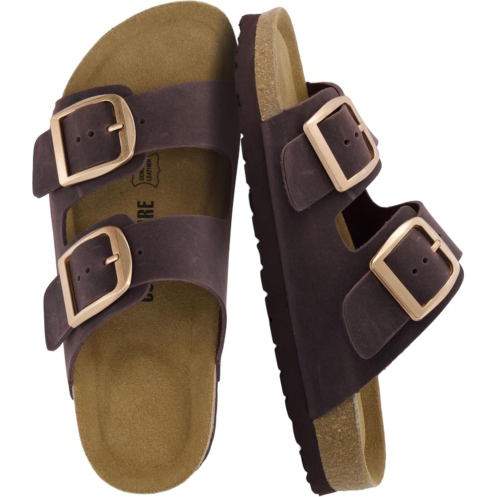 image:imageCUSHIONAIRE Laz 100 Genuine Leather Cork Footbed Slide Sandals for Women with Adjustable Buckles and Memory FoamChocolate
