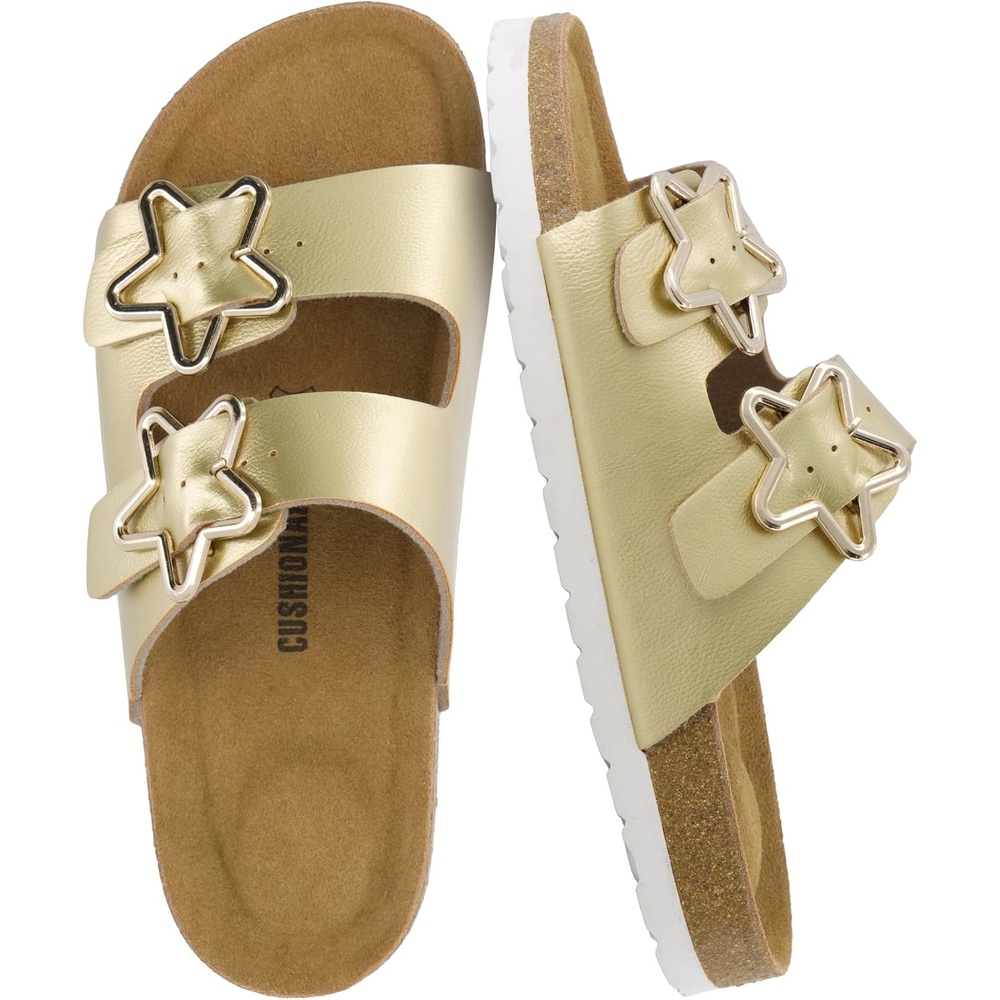 image:imageCUSHIONAIRE Lily Girl Toddler Sandals with Adjustable Gold Tone Star Buckles and Cushioned Cork Footbed Slip On Girls Slides for KidsGold