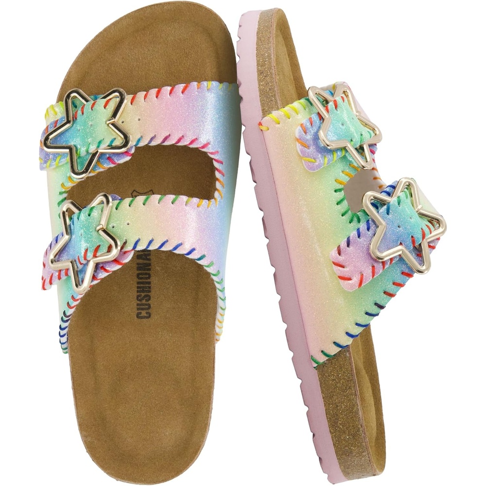 image:imageCUSHIONAIRE Lily Girl Toddler Sandals with Adjustable Gold Tone Star Buckles and Cushioned Cork Footbed Slip On Girls Slides for KidsMulti Woven
