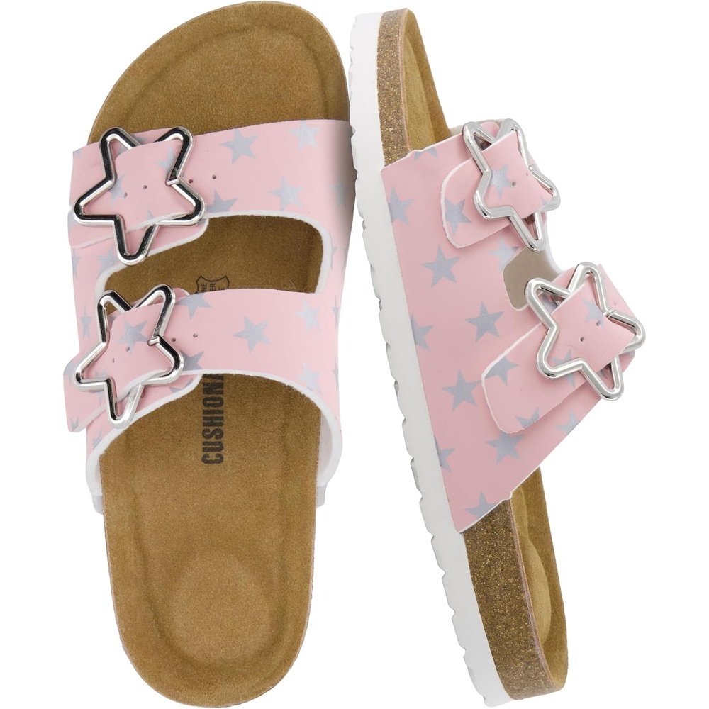 image:imageCUSHIONAIRE Lily Girl Toddler Sandals with Adjustable Gold Tone Star Buckles and Cushioned Cork Footbed Slip On Girls Slides for KidsPink Stars