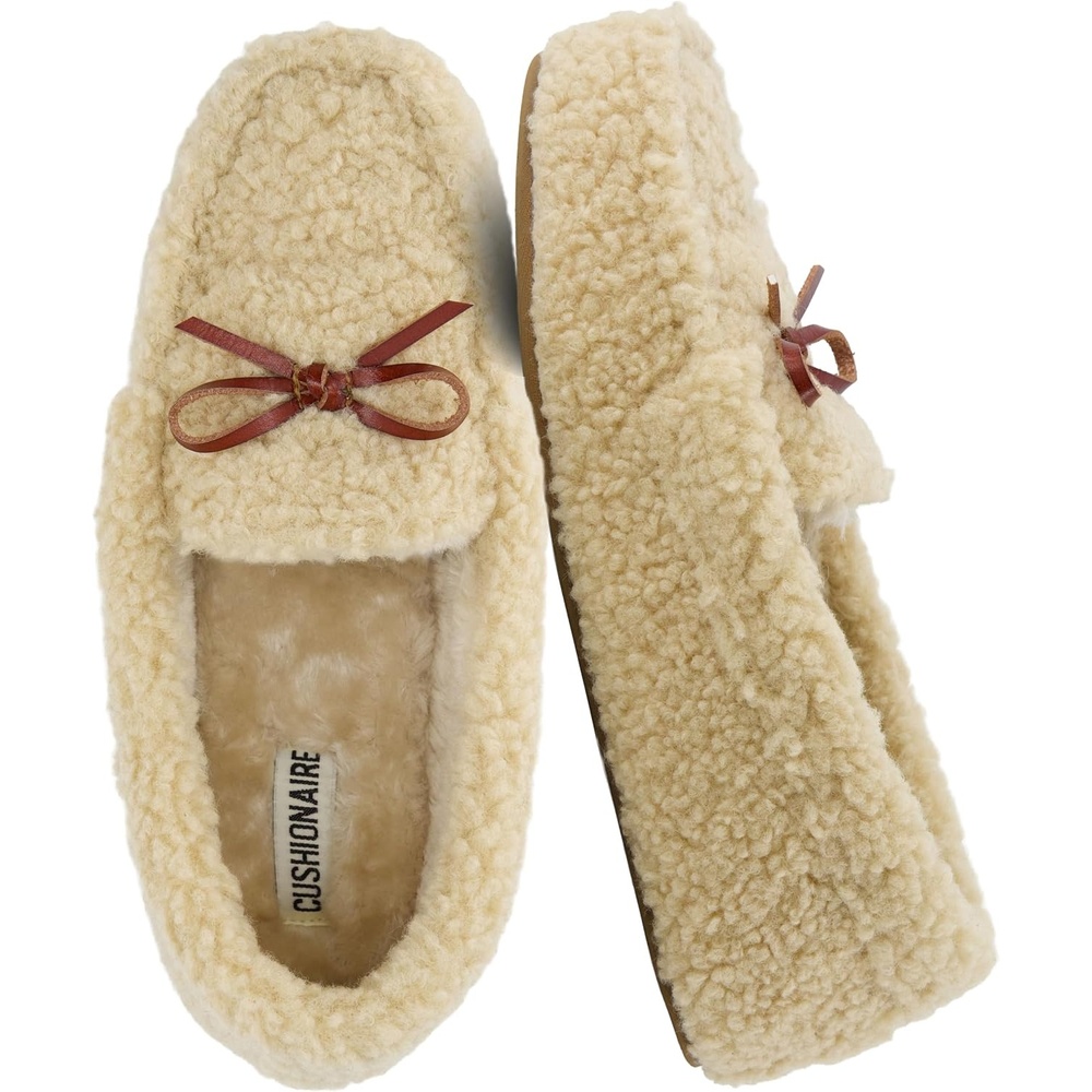 image:imageCUSHIONAIRE Star Womens Faux Sherpa Moccasin Slippers  Cozy IndoorOutdoor SlipOn with Memory Foam amp Durable Rubber Sole Wide Widths AvailableBeige