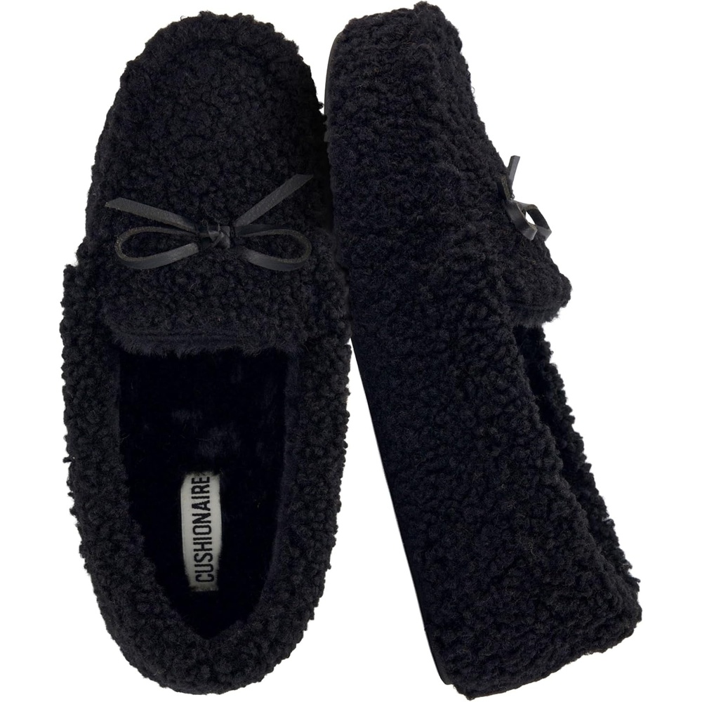 image:imageCUSHIONAIRE Star Womens Faux Sherpa Moccasin Slippers Cozy IndoorOutdoor SlipOn with Memory Foam amp Durable Rubber Sole Wide Widths AvailableBlack
